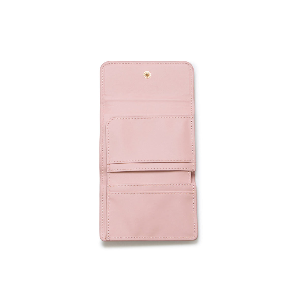 A light pink leather wallet shown open against a plain white background, displaying its interior card slots and a small gold-tone snap button at the top.
