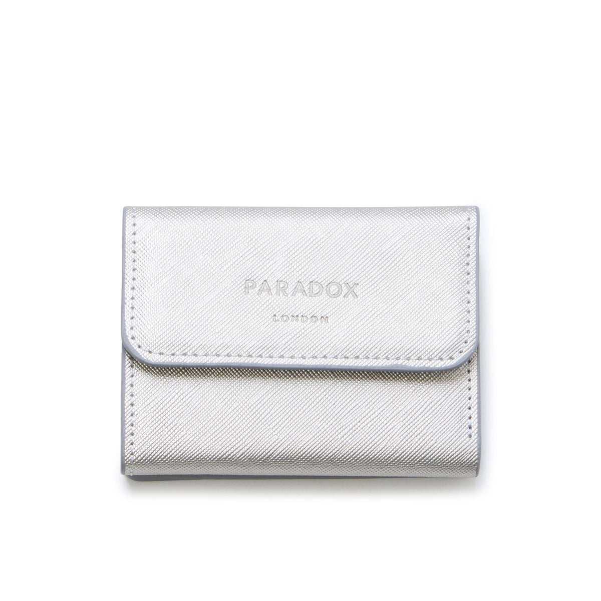 A silver textured leather wallet with a flap closure, featuring the debossed brand name 'PARADOX LONDON' on the front, set against a plain white background.