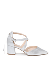 Florrie silver shimmer extra wide fit court shoe with crossover ankle strap, side view