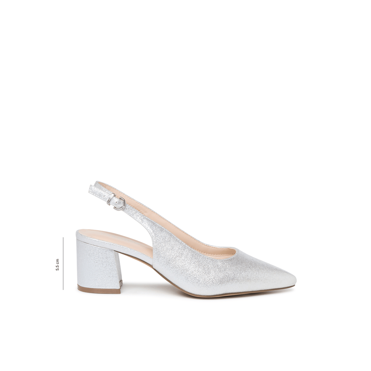 Silver shimmer extra wide fit slingback shoe with pointed toe and block heel, side view