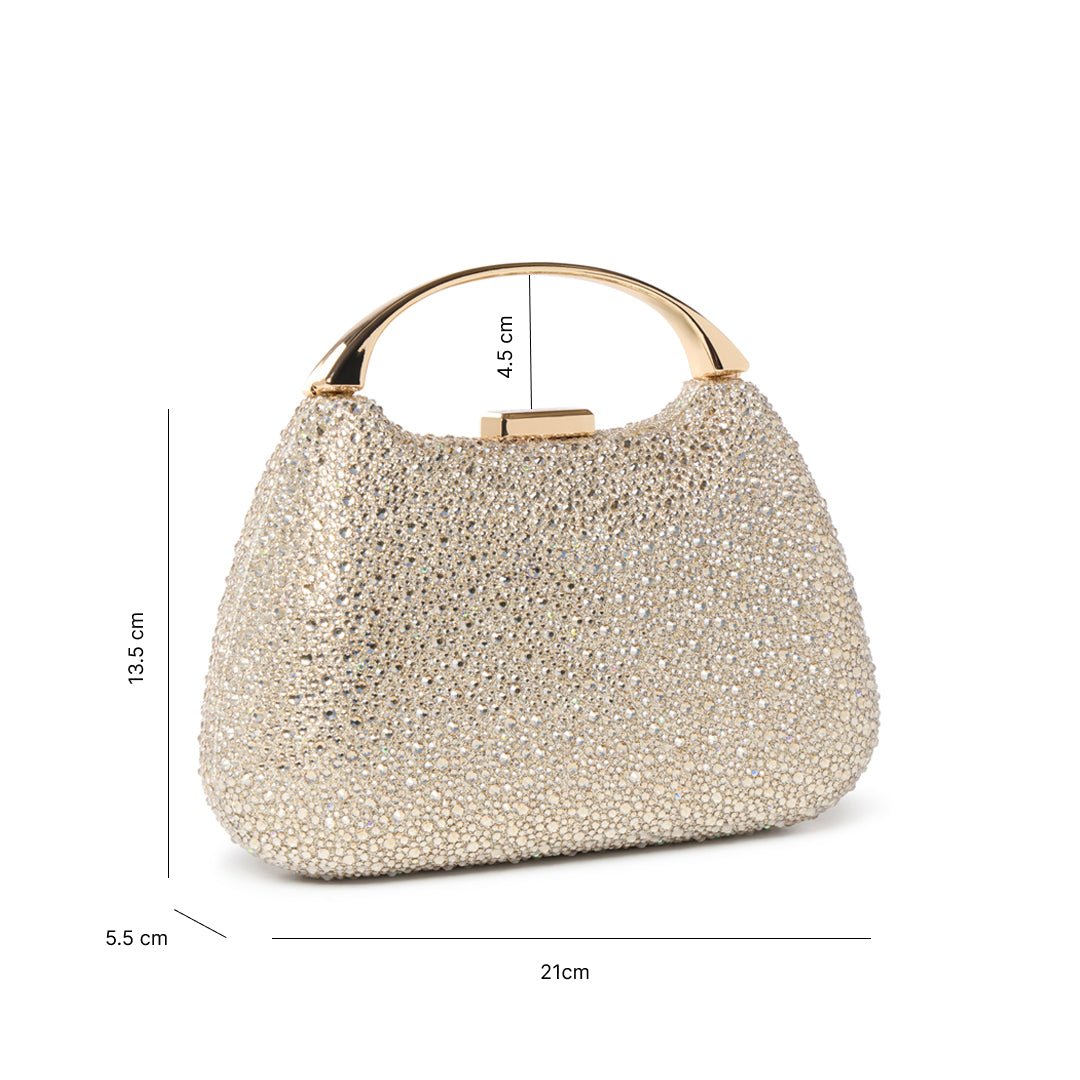 Champagne diamante handbag with structured shape and detachable chain strap, angled view