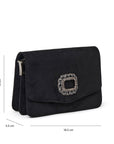 Black occasion clutch bag with soft microsuede finish and detachable chain strap, angled view
