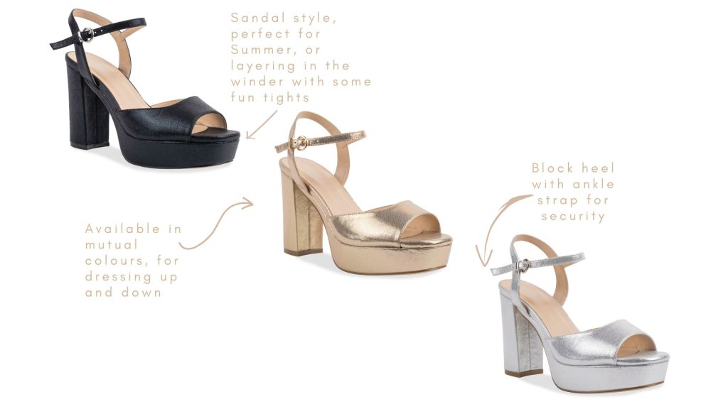 Lolita Platform sandals, Open toe, ankle strap, champagne, silver and black, studio 54, abba